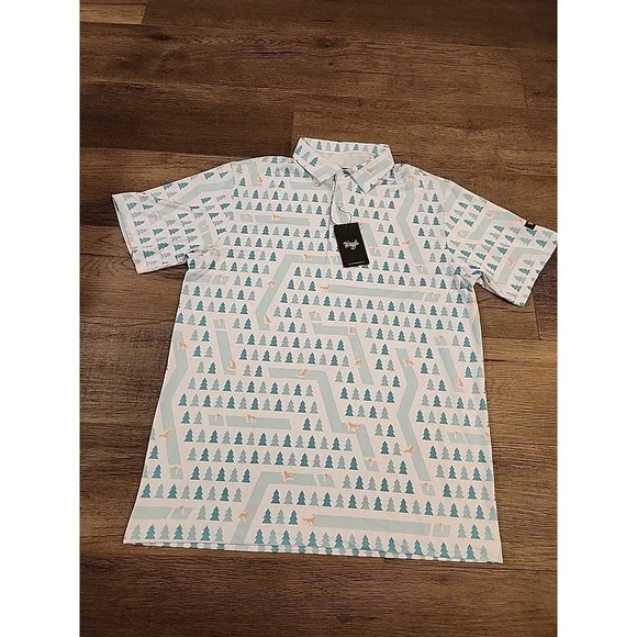 Waggle Fox Holes Polo Shirt Mens L White Green Fox Print Performance Stretch - Picture 2 of 4
